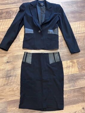 Black Two-Piece Blazer & Pencil Skirt Set with Leather Trim by Le Chateau